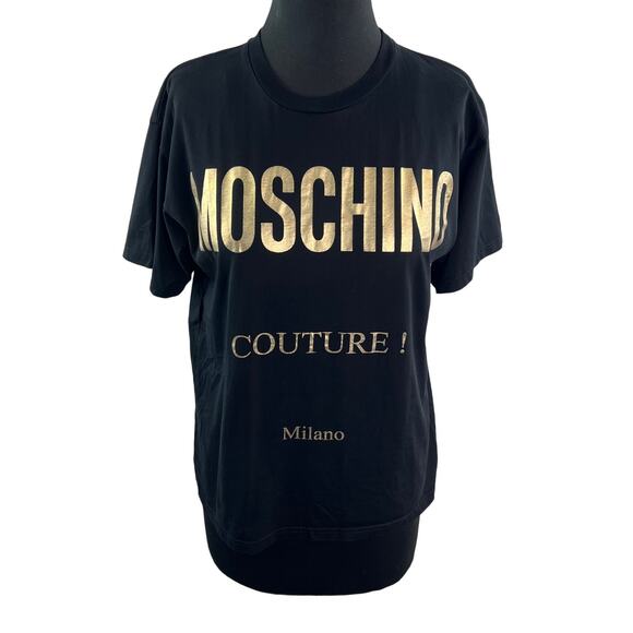 MOSCHINO Couture Black Gold Top Cotton Crew Neck Straight Hem Pullover Size XXS - Picture 1 of 9